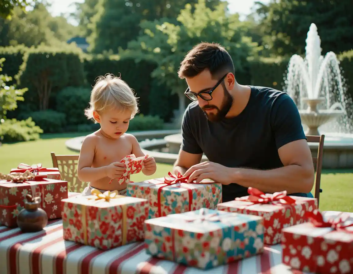 Vater und Kleinkind öffnen Geschenke an einem sonnigen Gartentisch