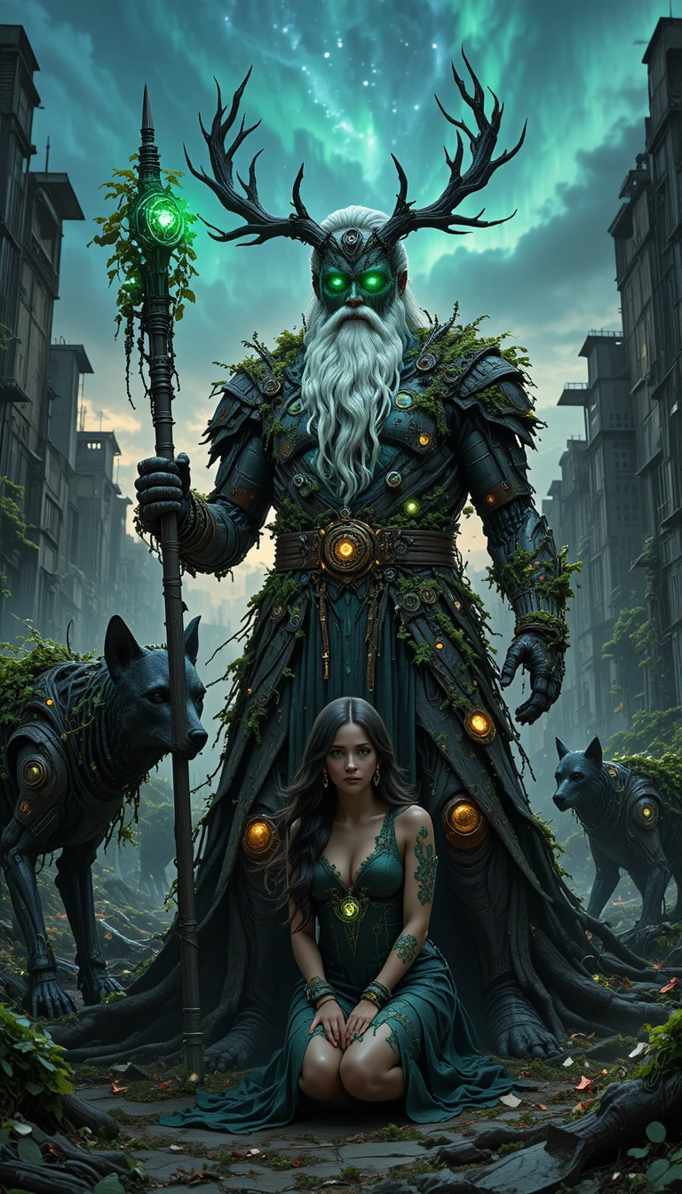 Cybernetic druid overlord Santa in ruined megacity forest