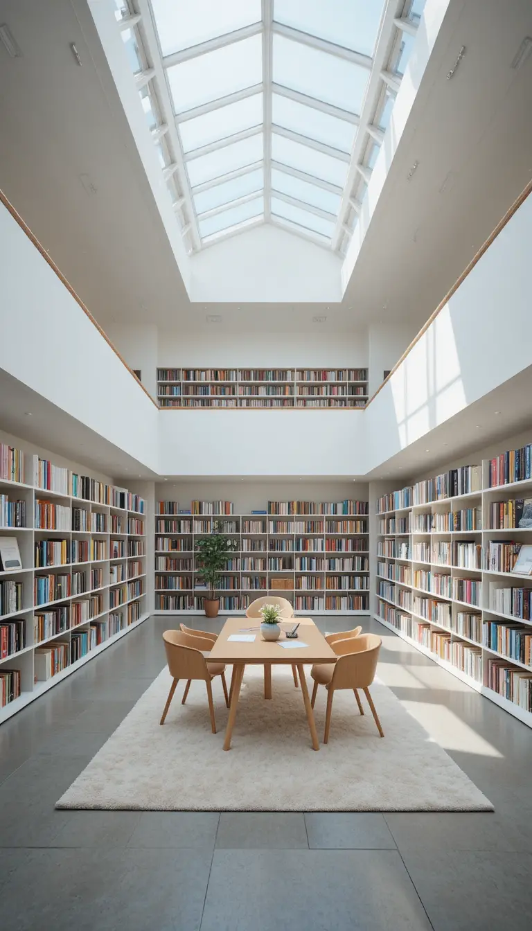 Interior de biblioteca minimalista com claraboias e área de leitura