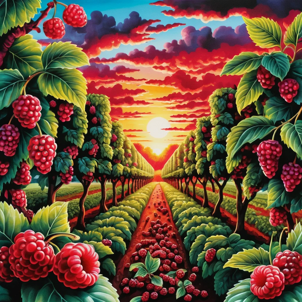 Plantation surréaliste au lever du soleil avec des mûriers rouges et noirs