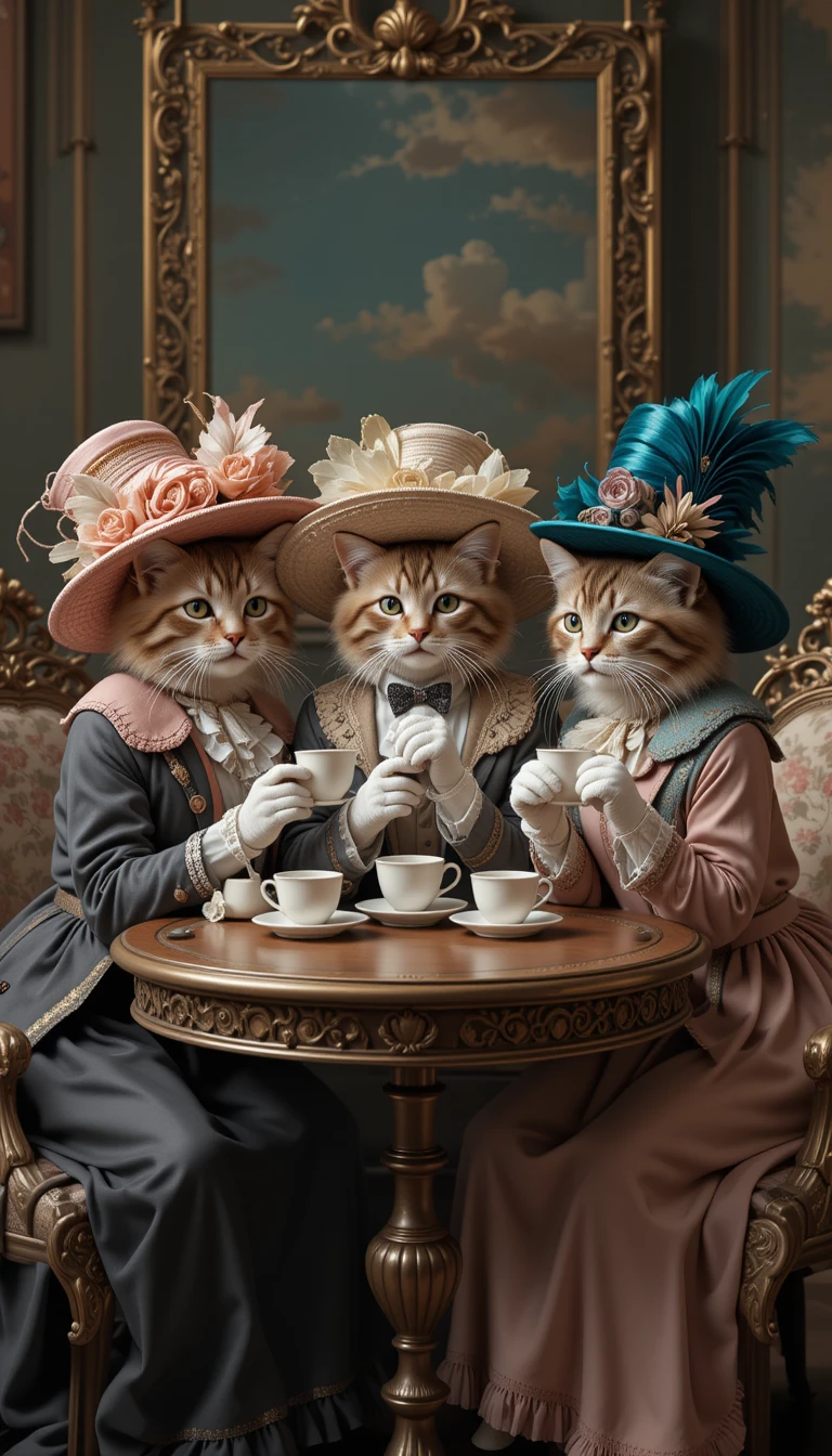 Três gatos elegantes tomando café em uma mesa rococó