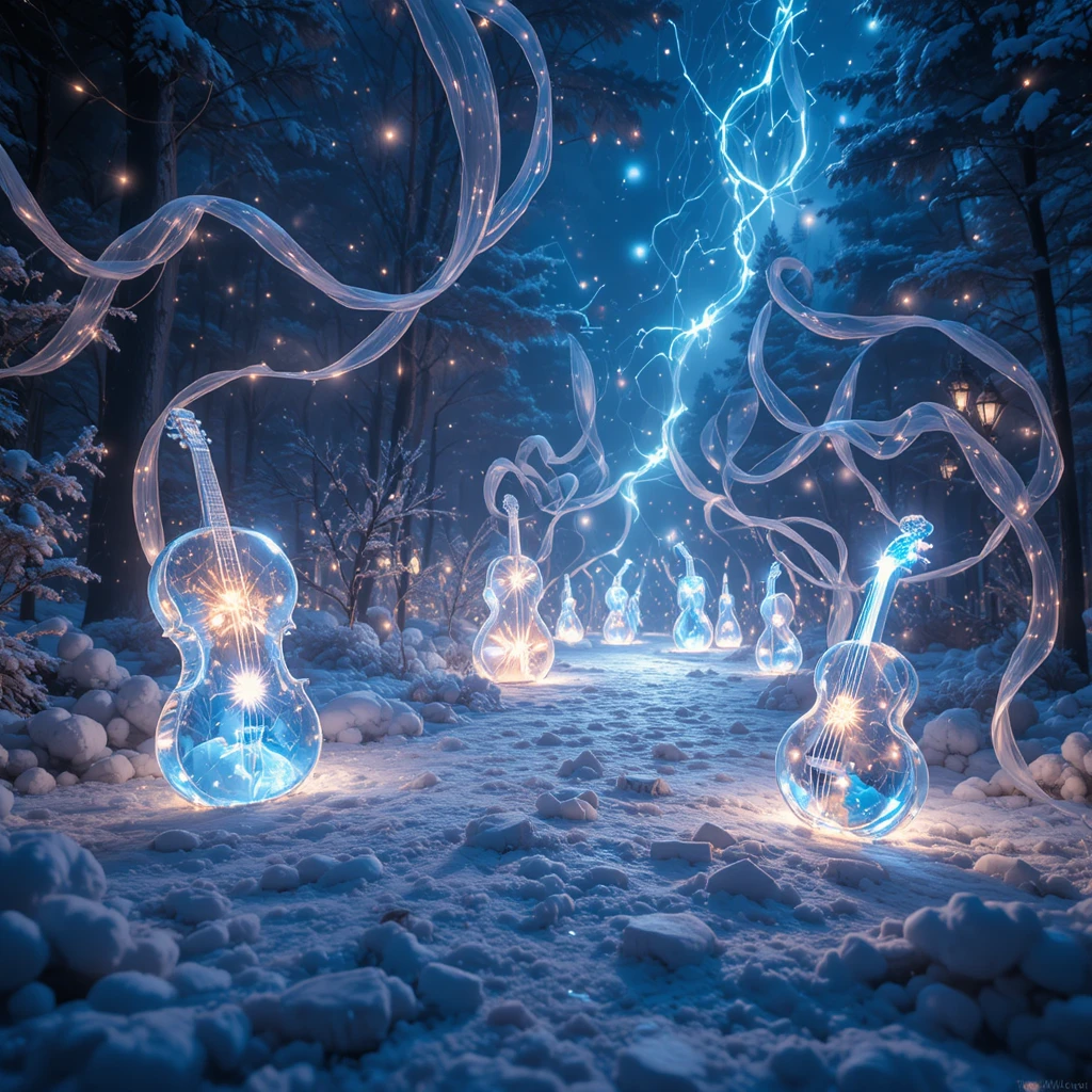 Glowing holiday music ribbons swirling through the winter night