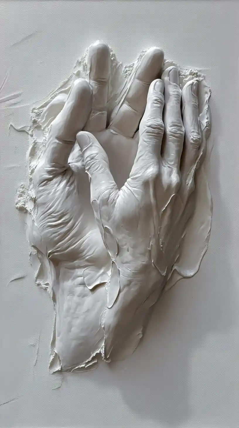 Sculptural painting of two human hands emerging from wall