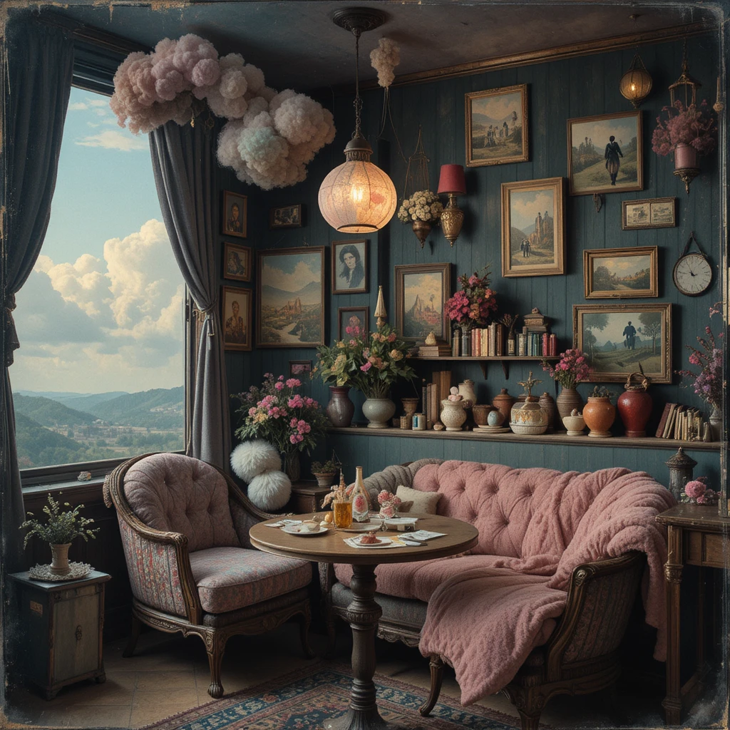 Diorama surreal de café em luz suave com clima lúdico