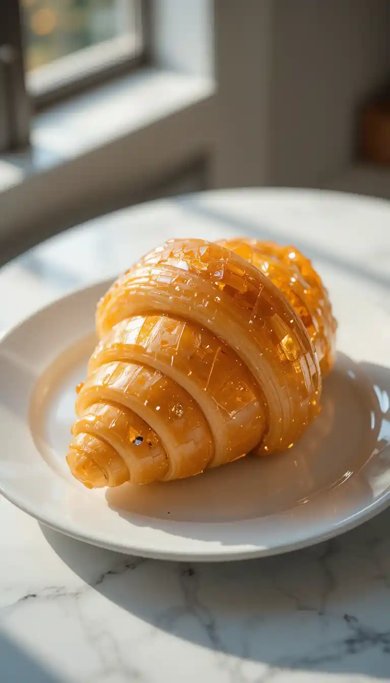 Gemstone croissant on white plate in soft morning light