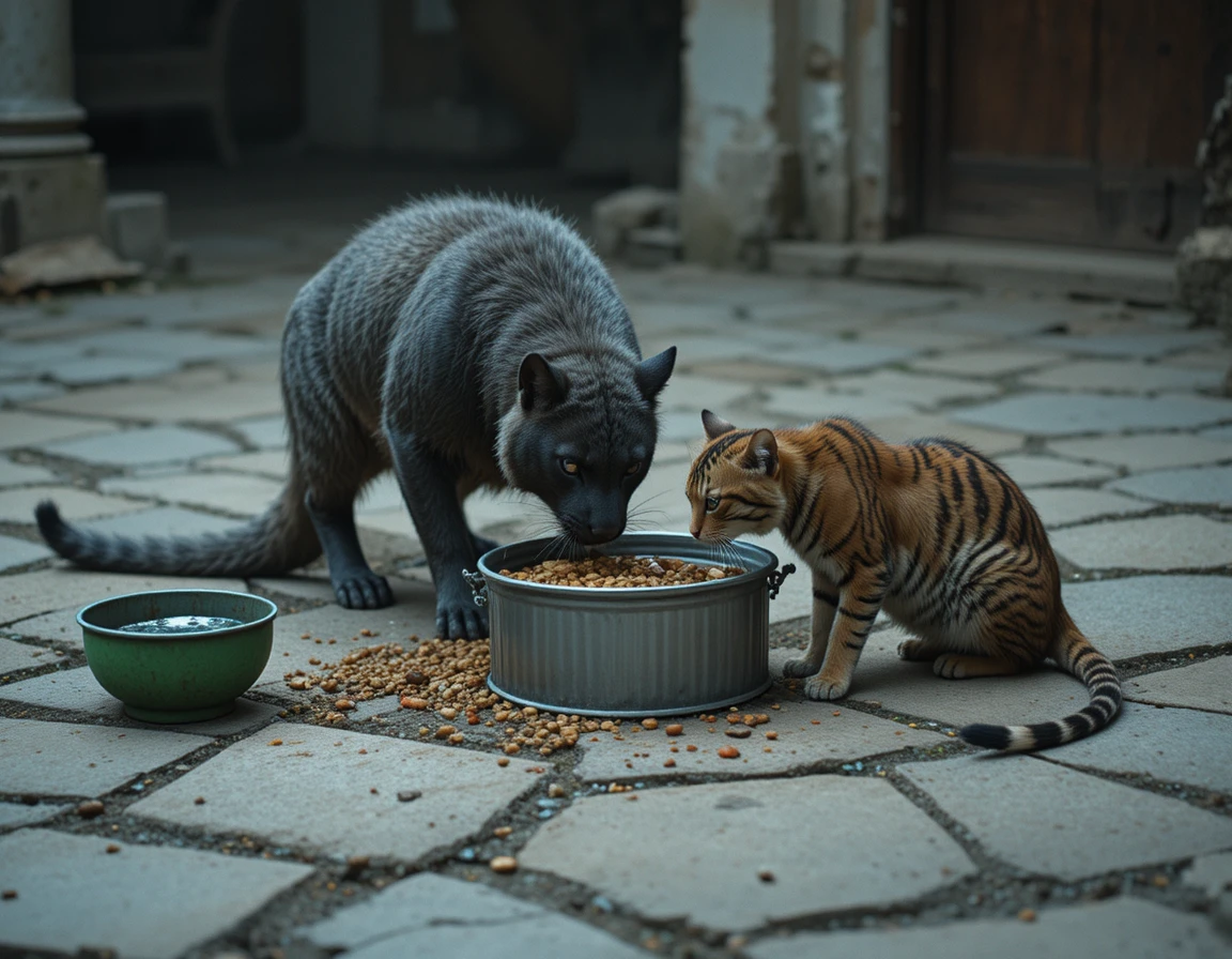 Ouriço e gato tigrado compartilhando comida em piso de cimento áspero