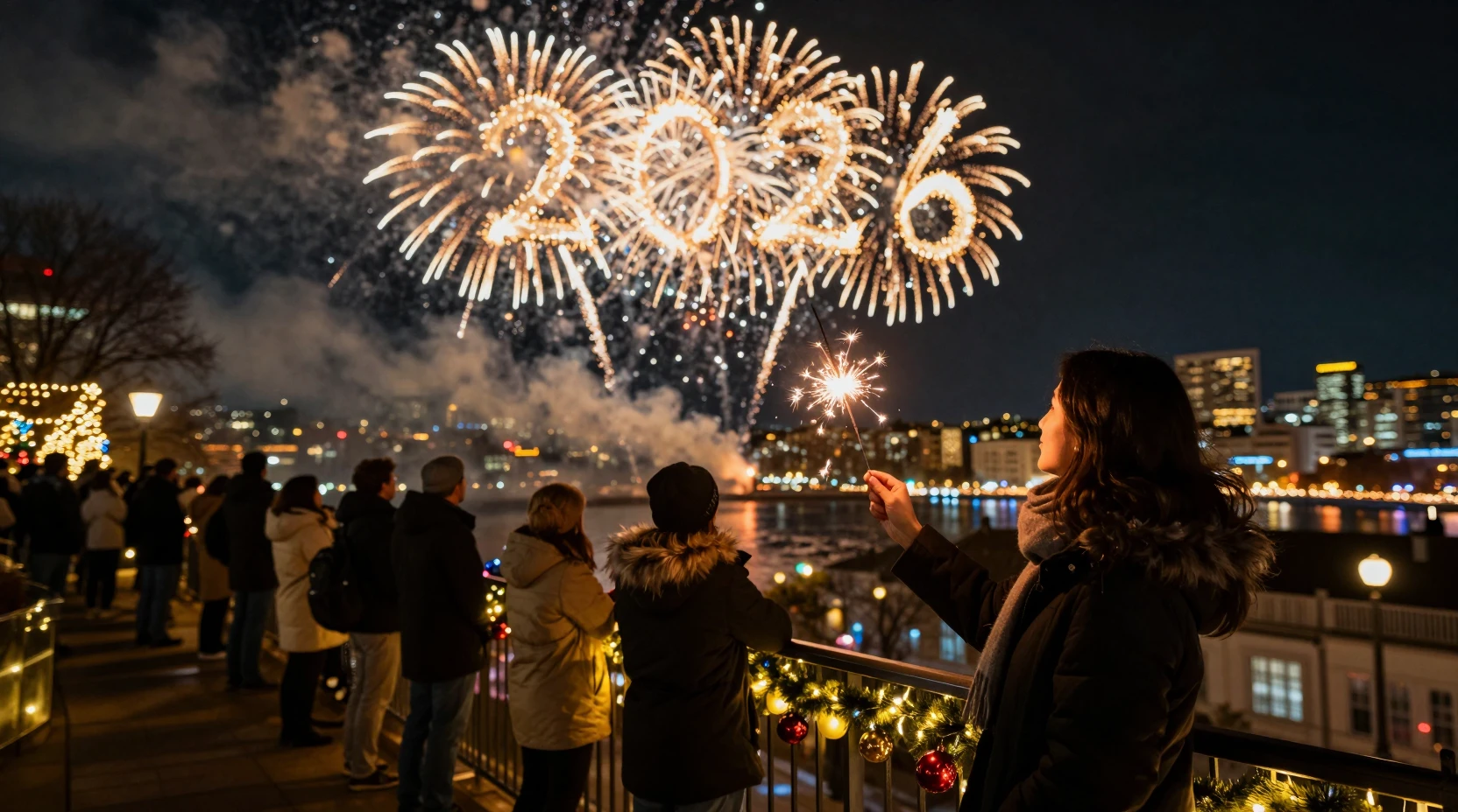 Multidão festiva em varanda da cidade assistindo aos fogos de Natal