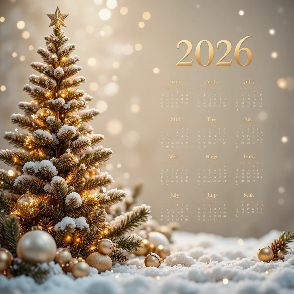 Elegant 2026 wall calendar with gold holiday decorations