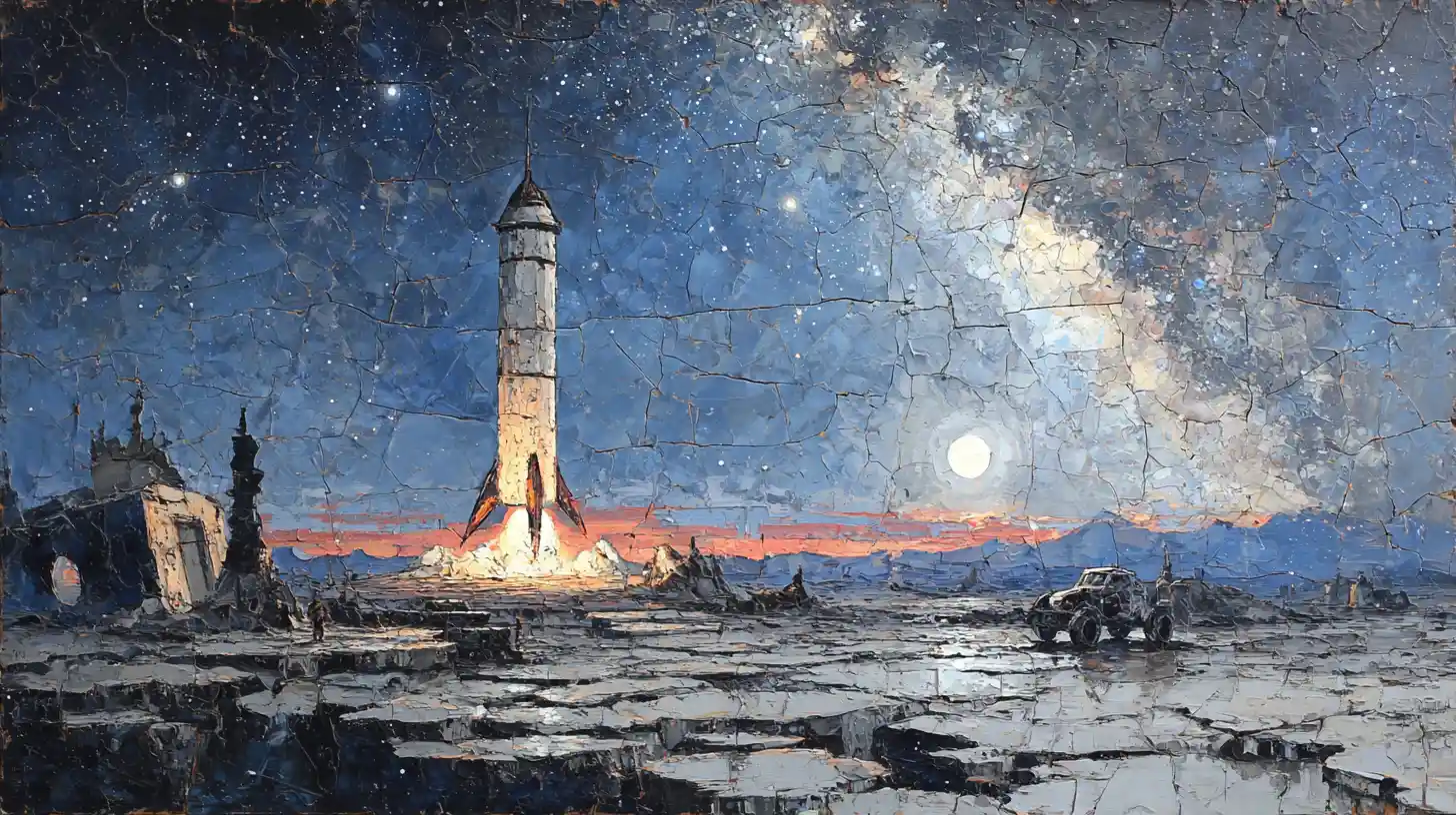 Ölgemälde im Renaissancestil von einer Rakete, die auf dem Mond landet