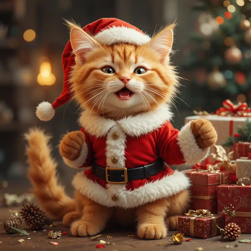 Gatto arancione paffuto vestito da Babbo Natale accanto all’albero di Natale