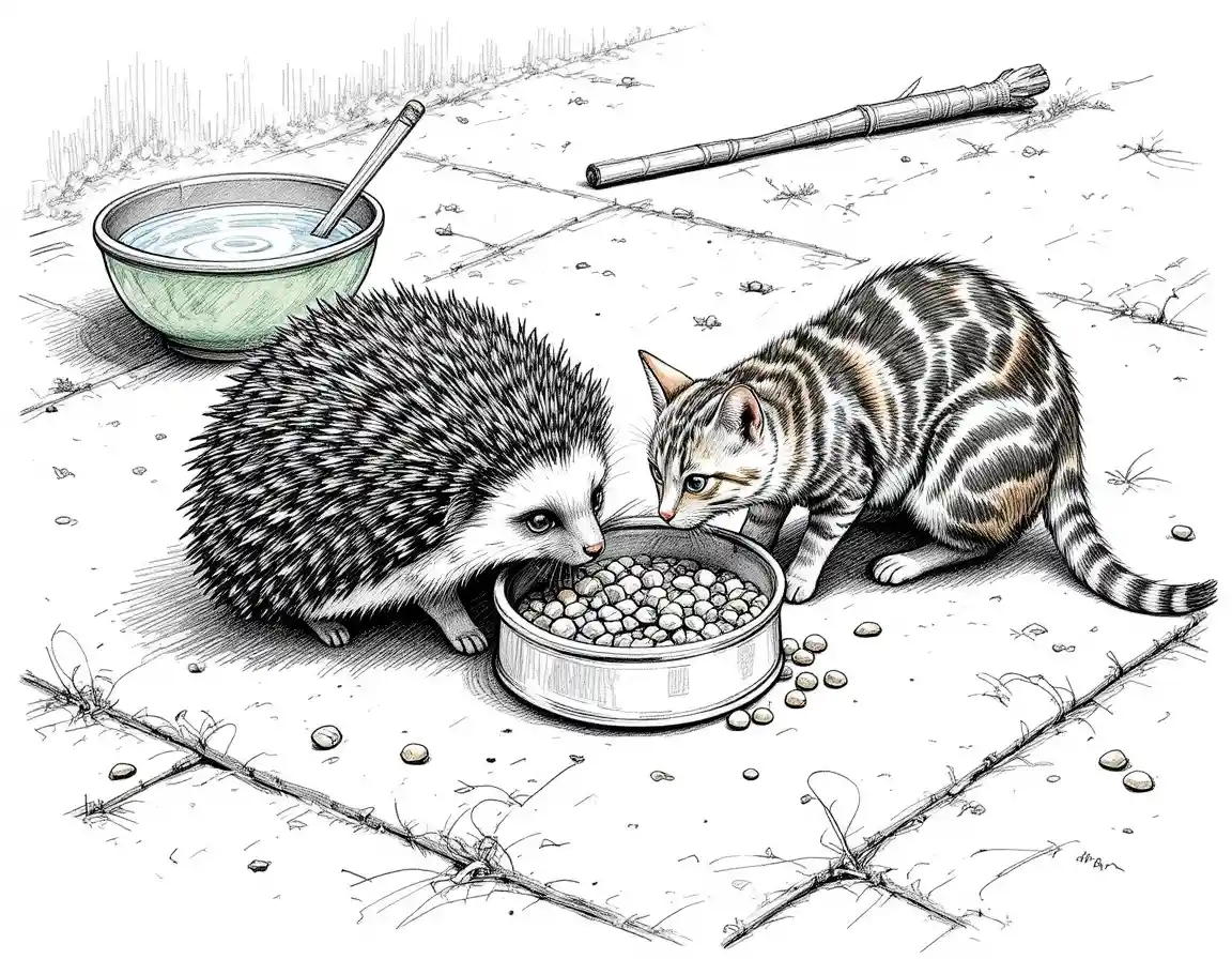 Hedgehog and cat sharing food on a rough cement floor