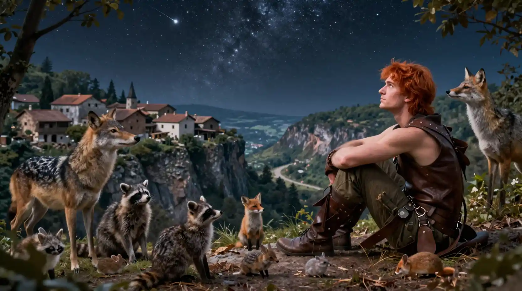 Young man on cliff under starry night sky