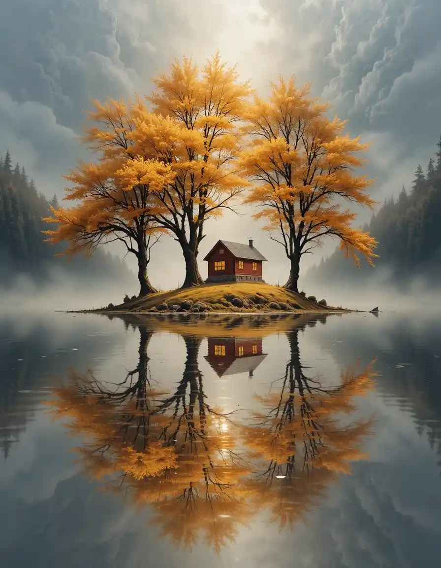 Cabane dorée au bord du lac avec arbres abstraits lumineux