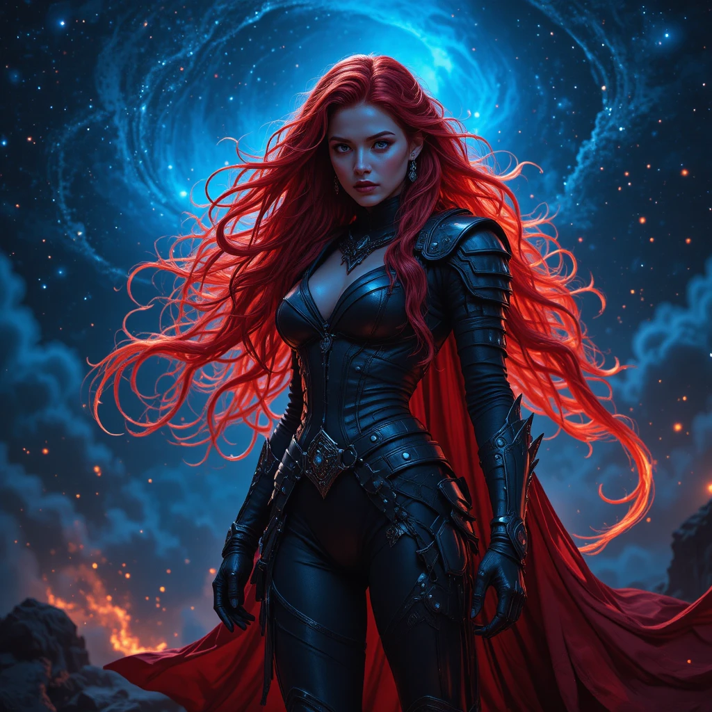 Fiery haired female warrior in a dark cosmic nebula