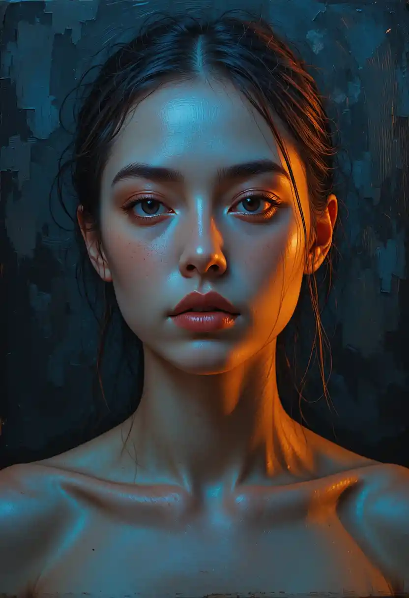 Semi realistic oil portrait with warm and cool dramatic lighting