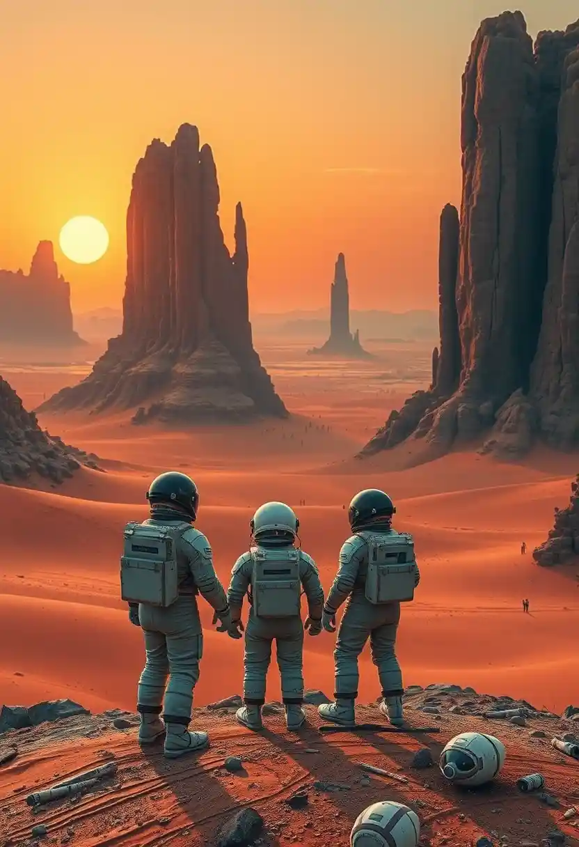 Astronauti in tute vintage che osservano un vasto deserto alieno