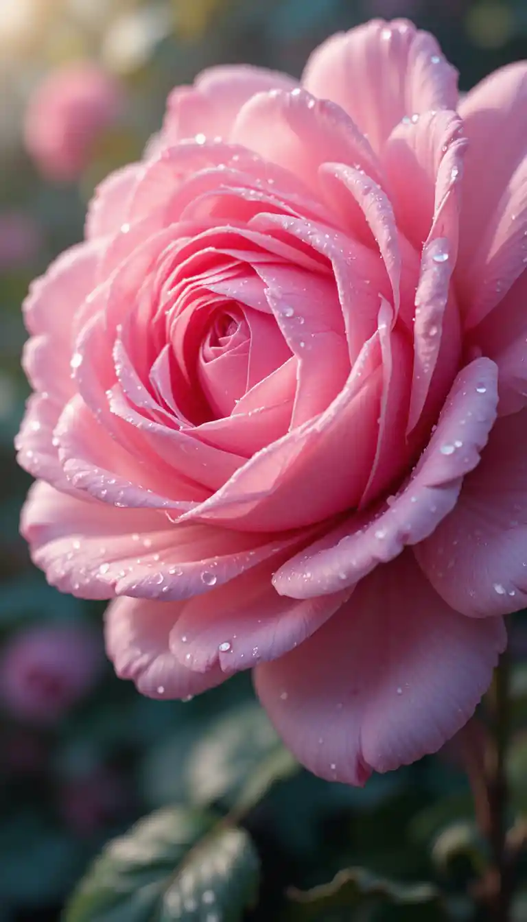 Rose rose en pleine floraison aux pétales détaillés perlés de rosée