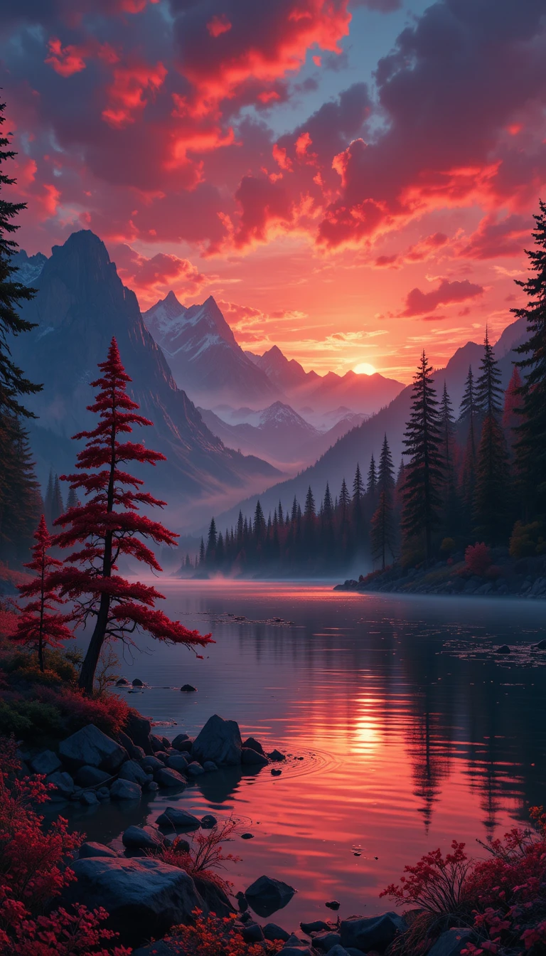 Cielo vibrante al tramonto riflesso su un tranquillo lago di montagna