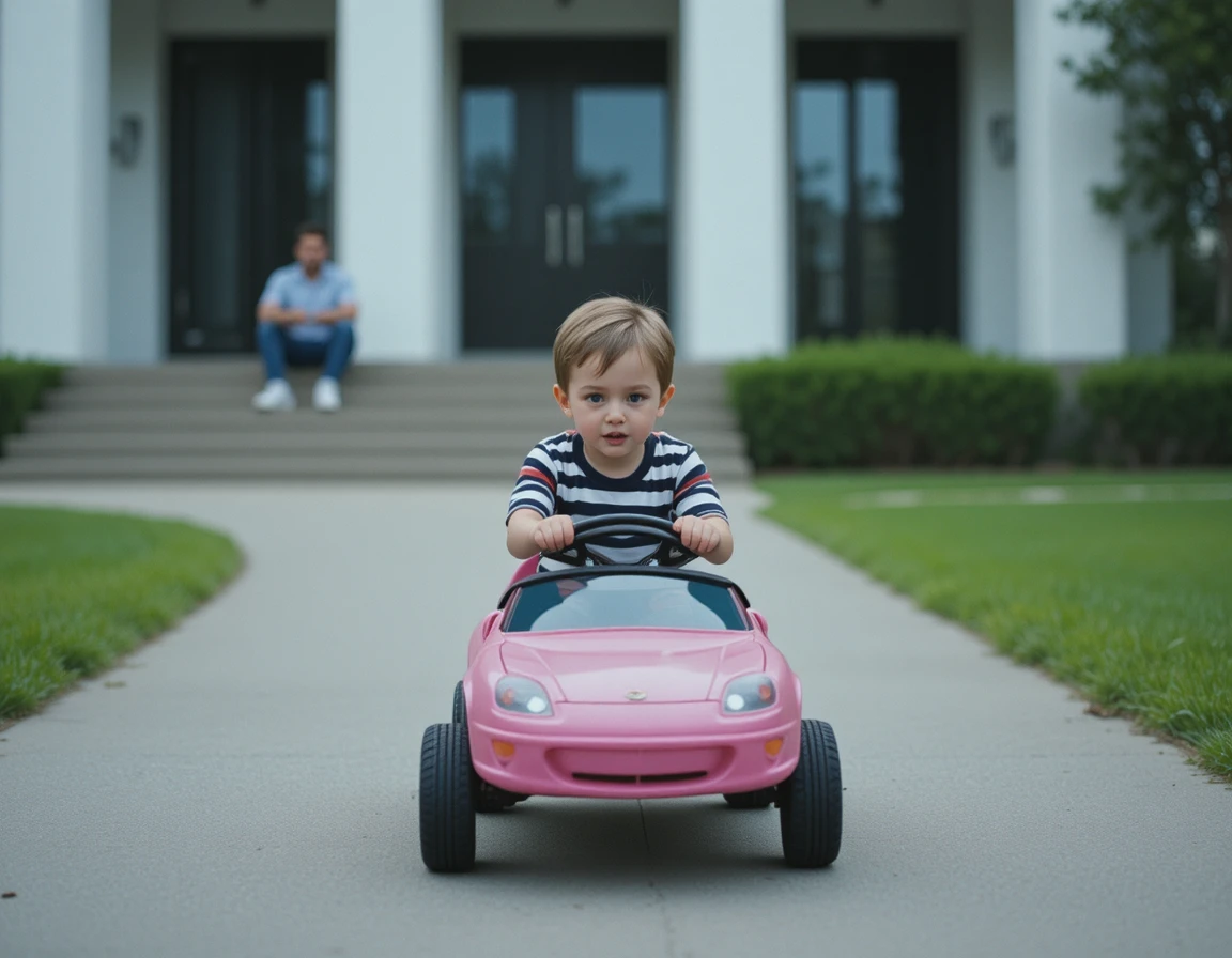 Bambino felice che guida una macchinina rosa lungo un sentiero
