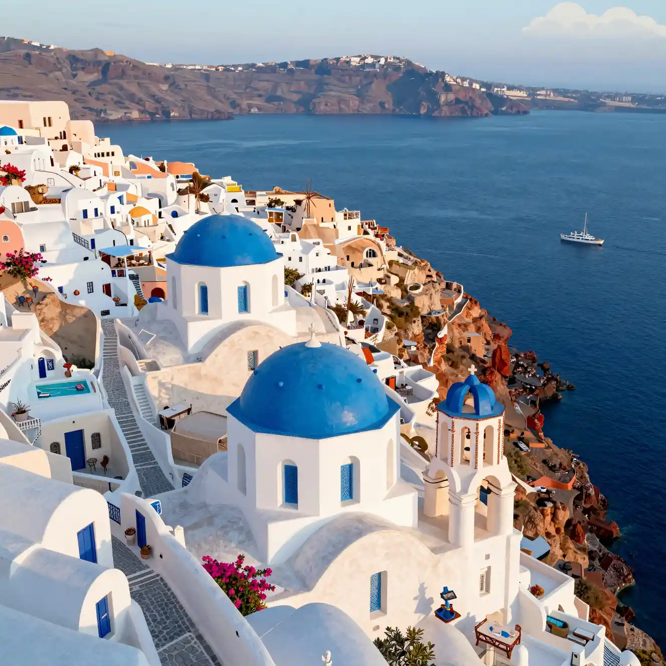 Cartoon aerial view of Santorini cliffs and blue domes