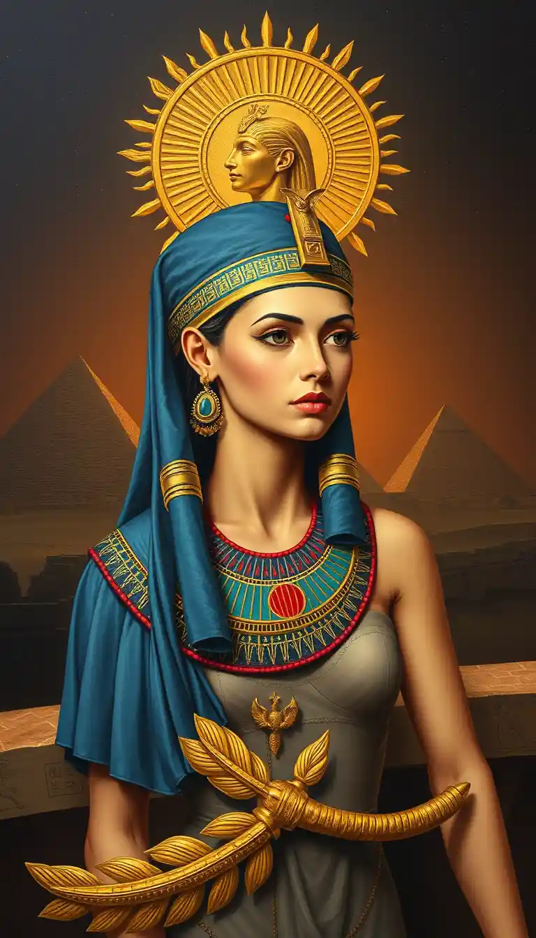 Surreal Egyptian woman under winged sun at desert sunset