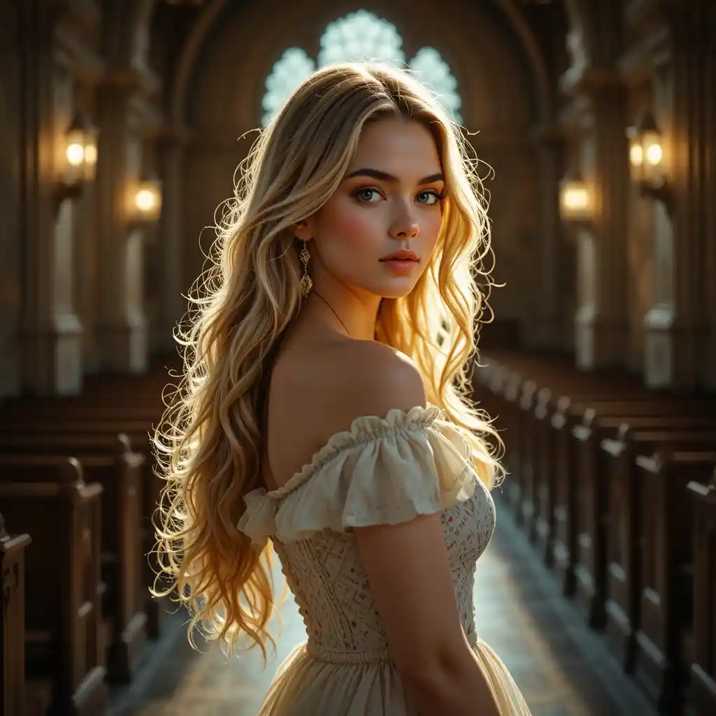 Joven mujer rubia con vestido veraniego de pie dentro de una iglesia