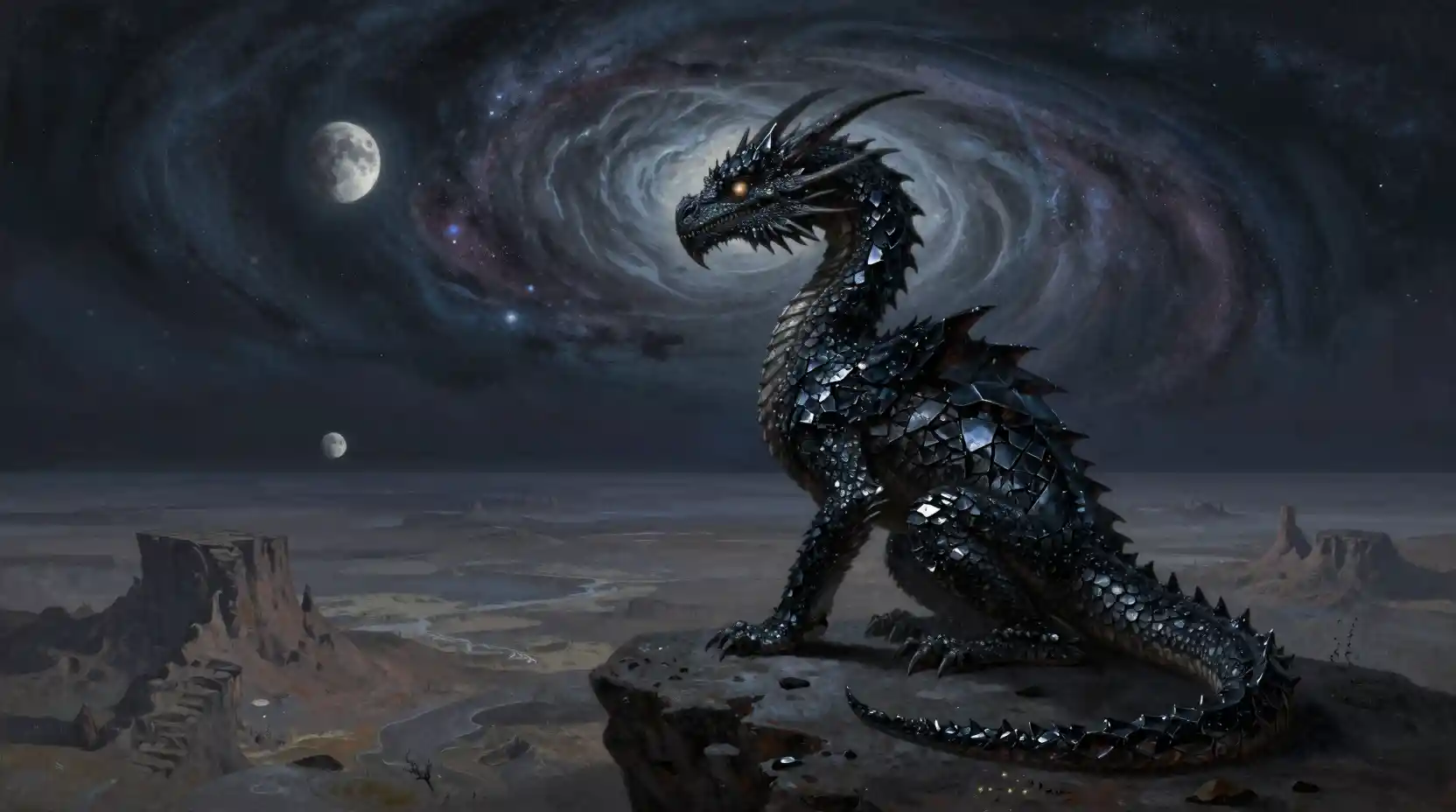 Ancient dragon on alien mesa beneath swirling cosmic nebula
