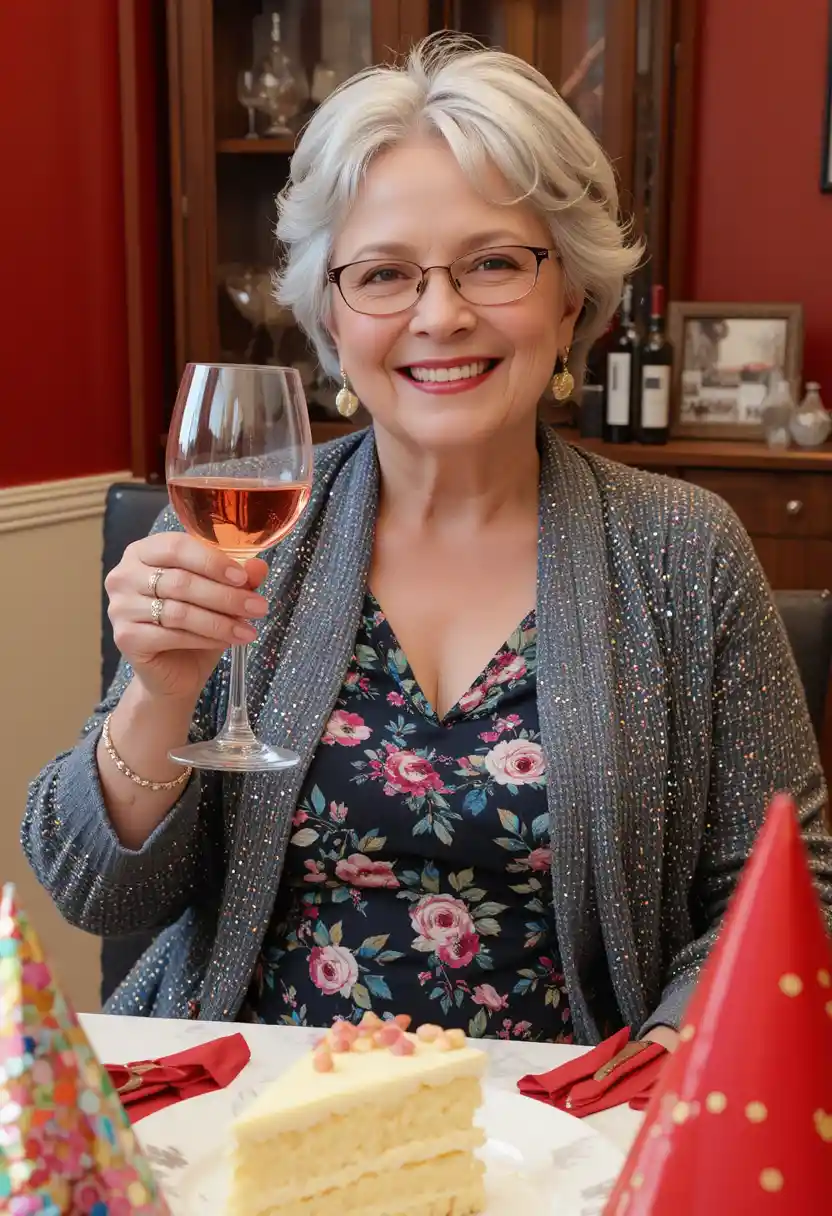 Smiling older woman toasting with rosé at a birthday table