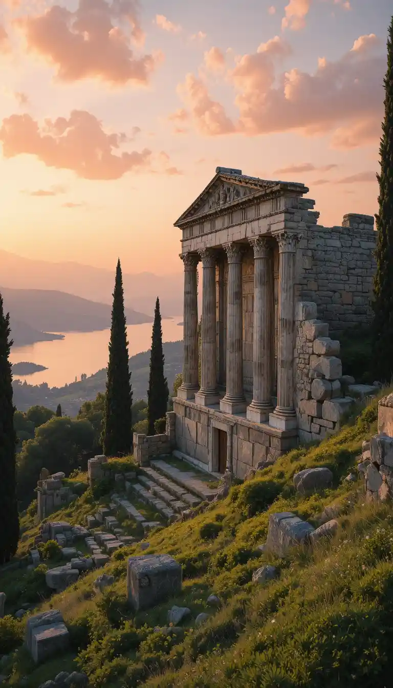 Ancient Roman hillside ruins above lake at warm sunset