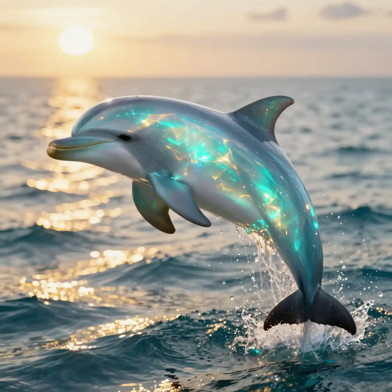Delfino di gemma che salta da un oceano luminoso all’alba