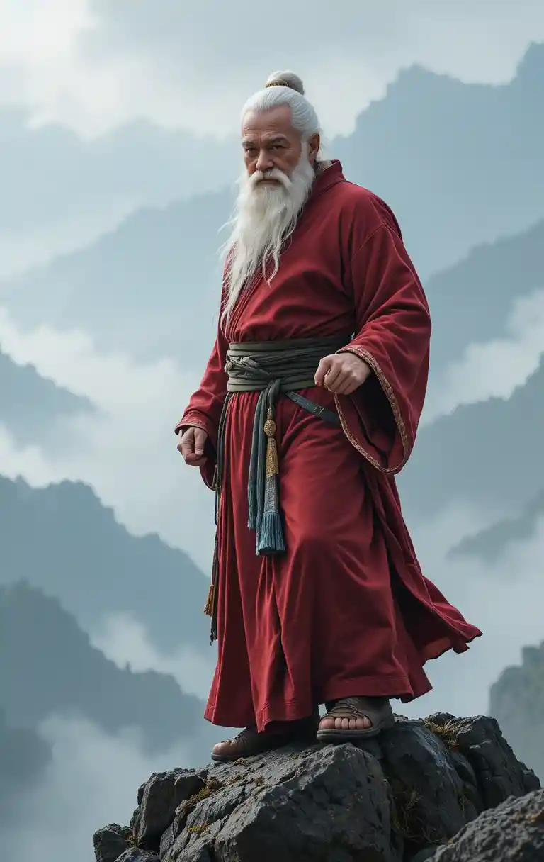 Fröhlicher Kung-Fu-Meister auf nebeligem Berggipfel