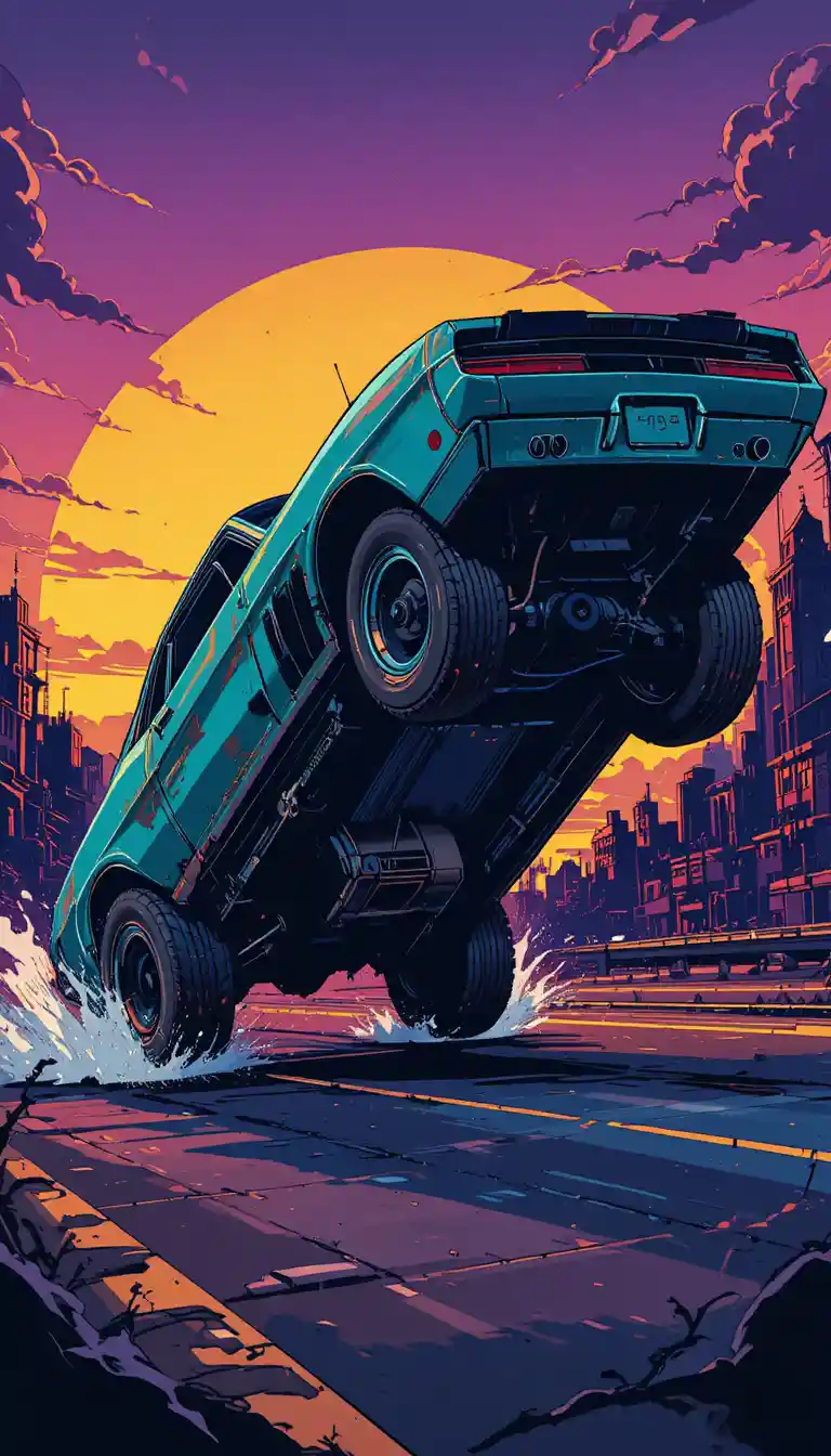 Teal muscle car rearing up before a neon sunset city