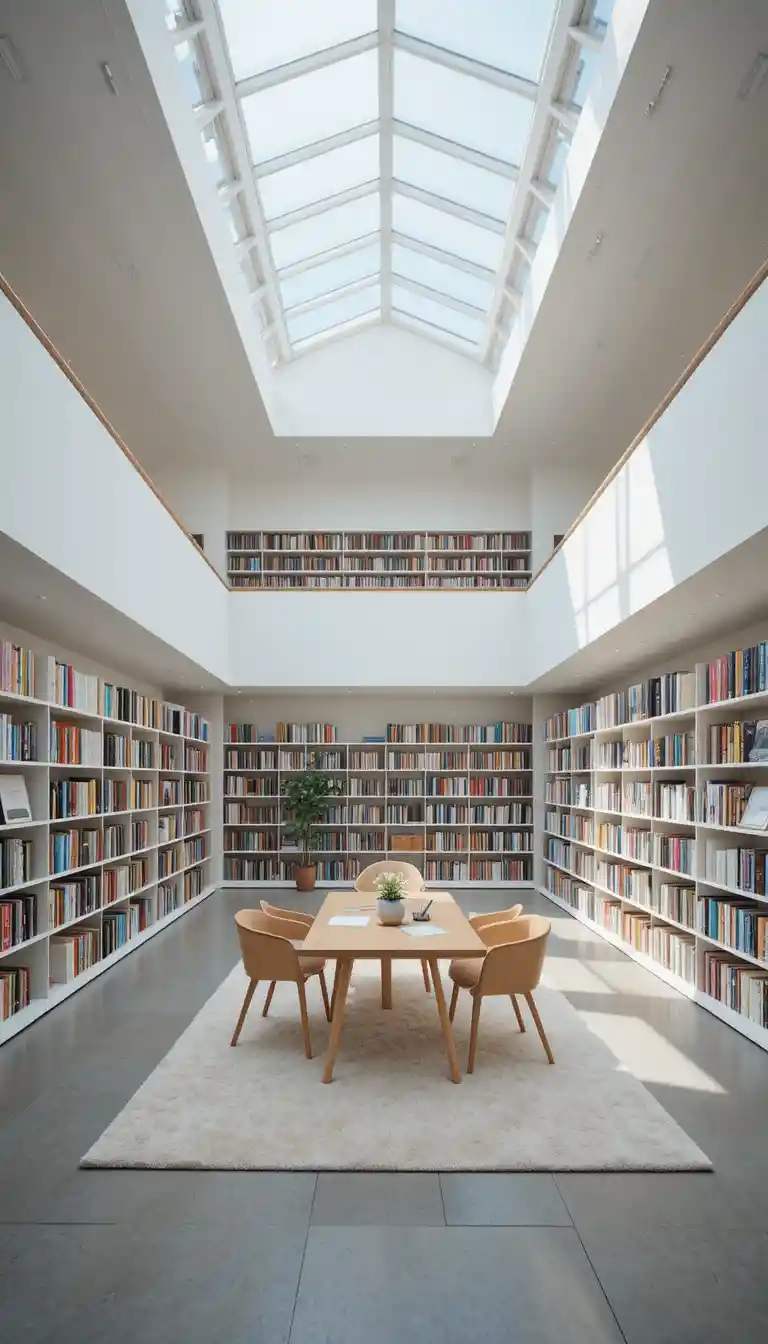 Minimalist library interior with skylights and reading area