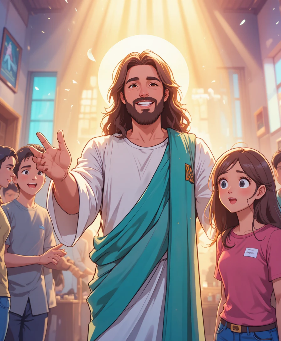 Gesù in stile anime accoglie i ragazzi in un caldo gruppo giovanile della chiesa
