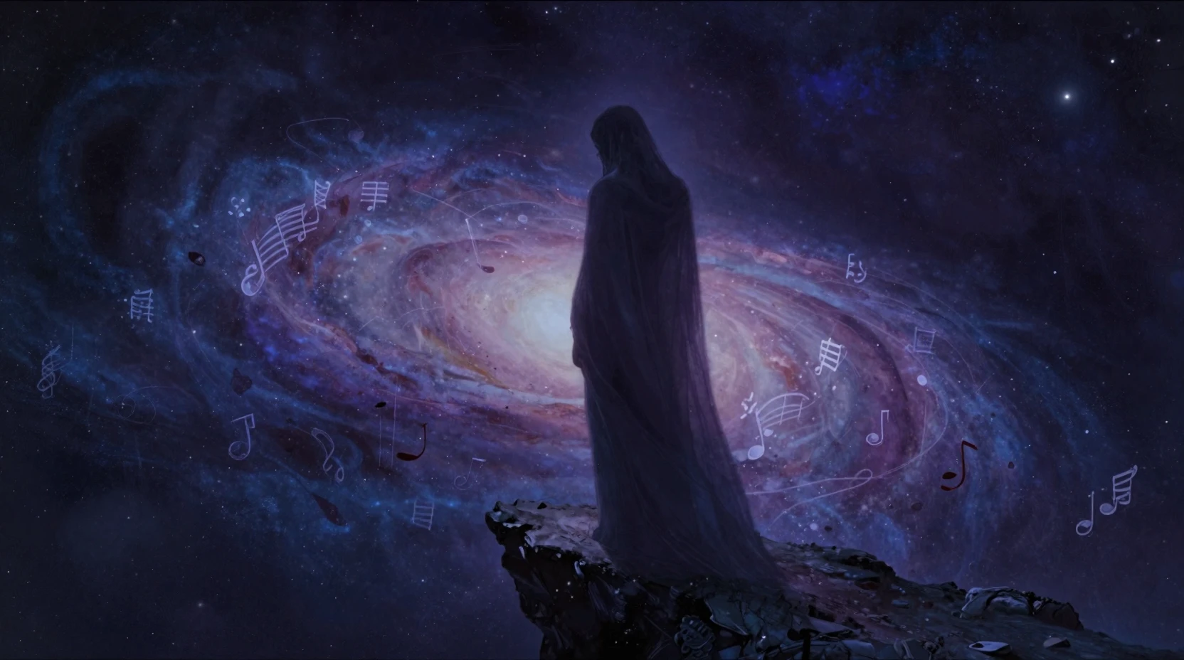 Silhouette mystérieuse au bord d’une galaxie en plein effondrement