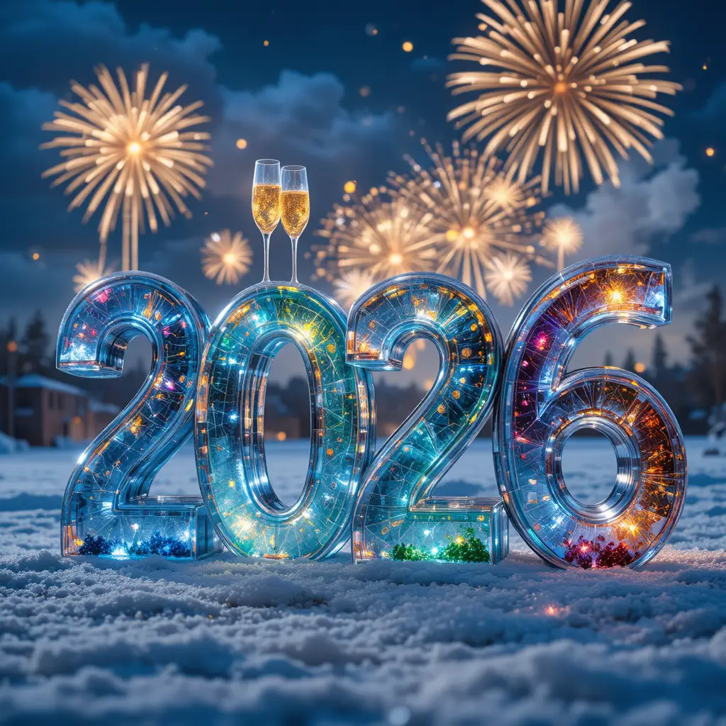Sculpture de glace 2026 avec champagne sous un feu d’artifice festif