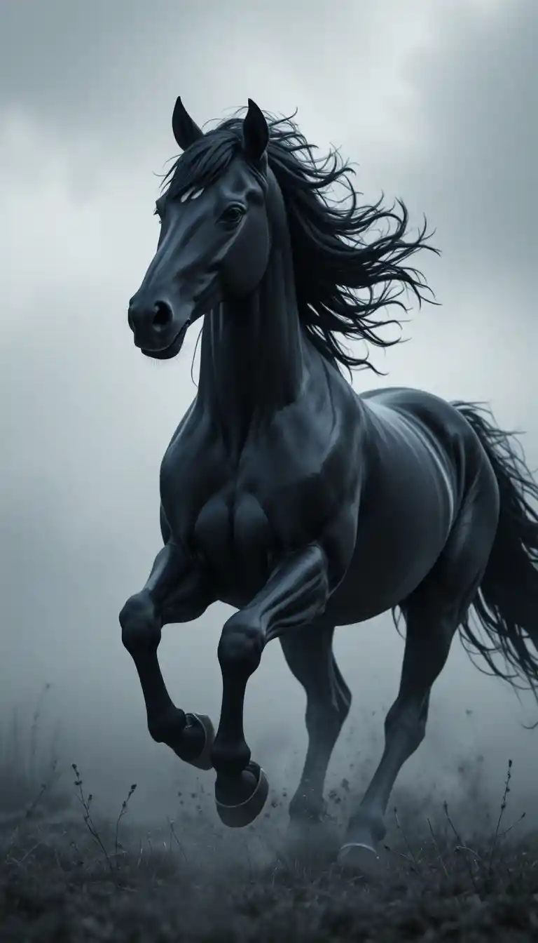 Cheval noir chargeant dans la brume avec un mouvement spectaculaire