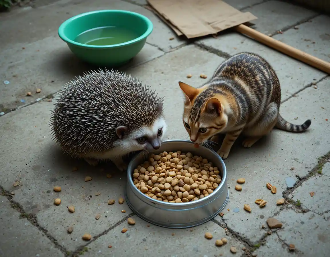 Hérisson et chat tigré partageant de la nourriture sur un sol en ciment