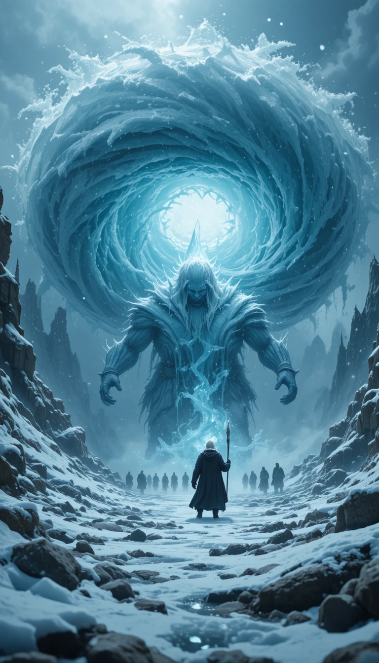 Magicien lançant un cyclone de glace contre un géant colossal