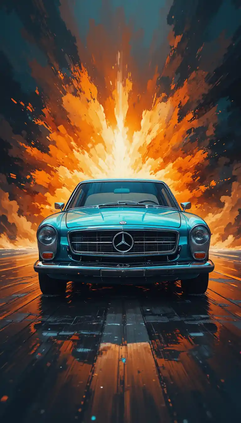 Voiture classique bleu menthe sur route mouillée avec arrière-plan abstrait flamboyant