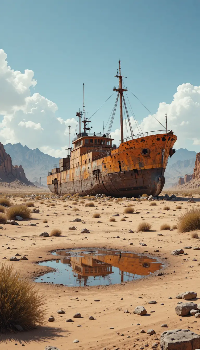 Rusted cargo ship stranded in a barren sandy desert