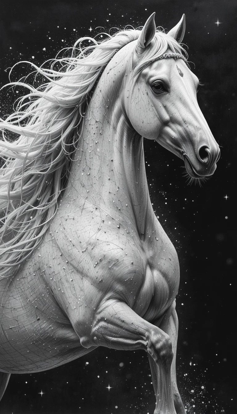 Majestic white arabian horse portrait on dark cosmic background