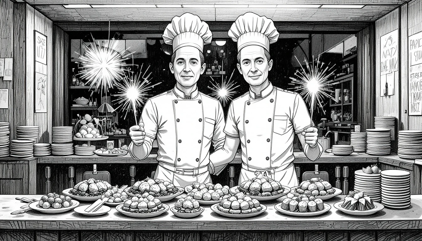 Chefs apresentam aperitivos com faíscas em cozinha moderna de restaurante