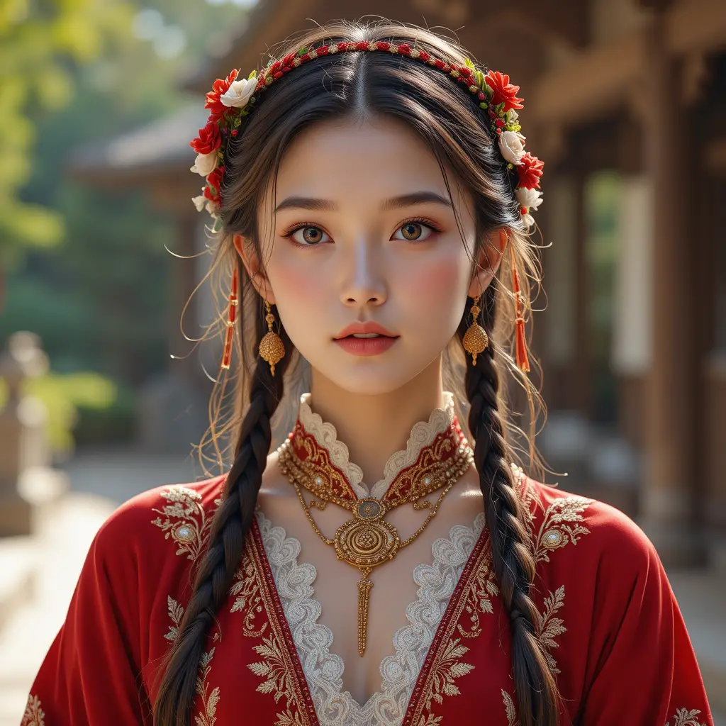 Jovem mulher em vestido tradicional vermelho com tiara de flores