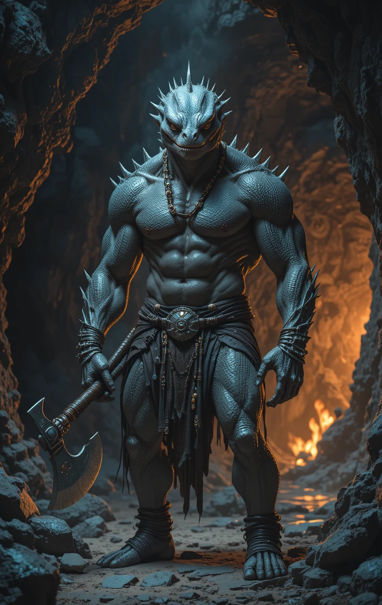 火焰洞穴中的肌肉蜥蜴戰士與巨斧