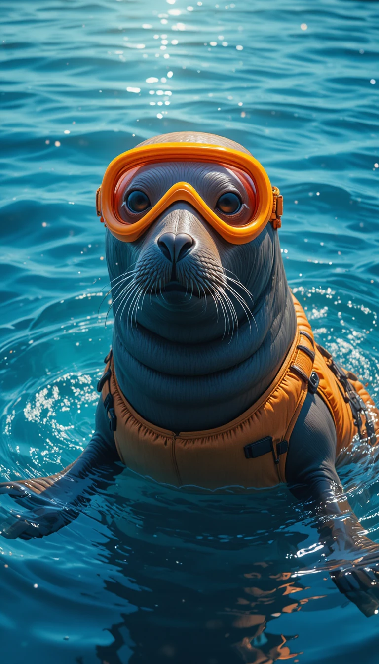 Foca com equipamento de mergulho laranja em um oceano azul cintilante