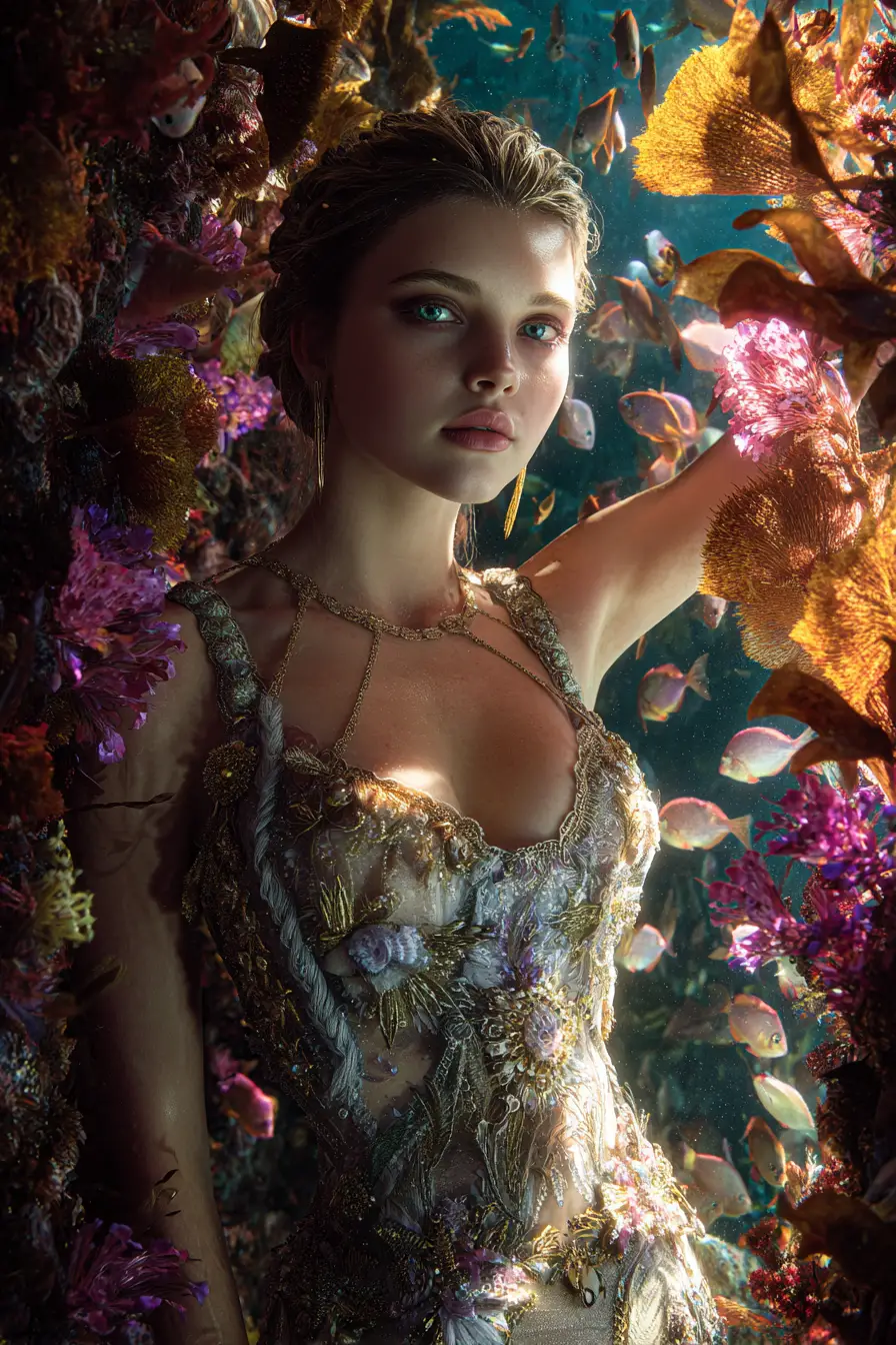 Unterwasserporträt einer Sirene in einem prunkvollen Kleid