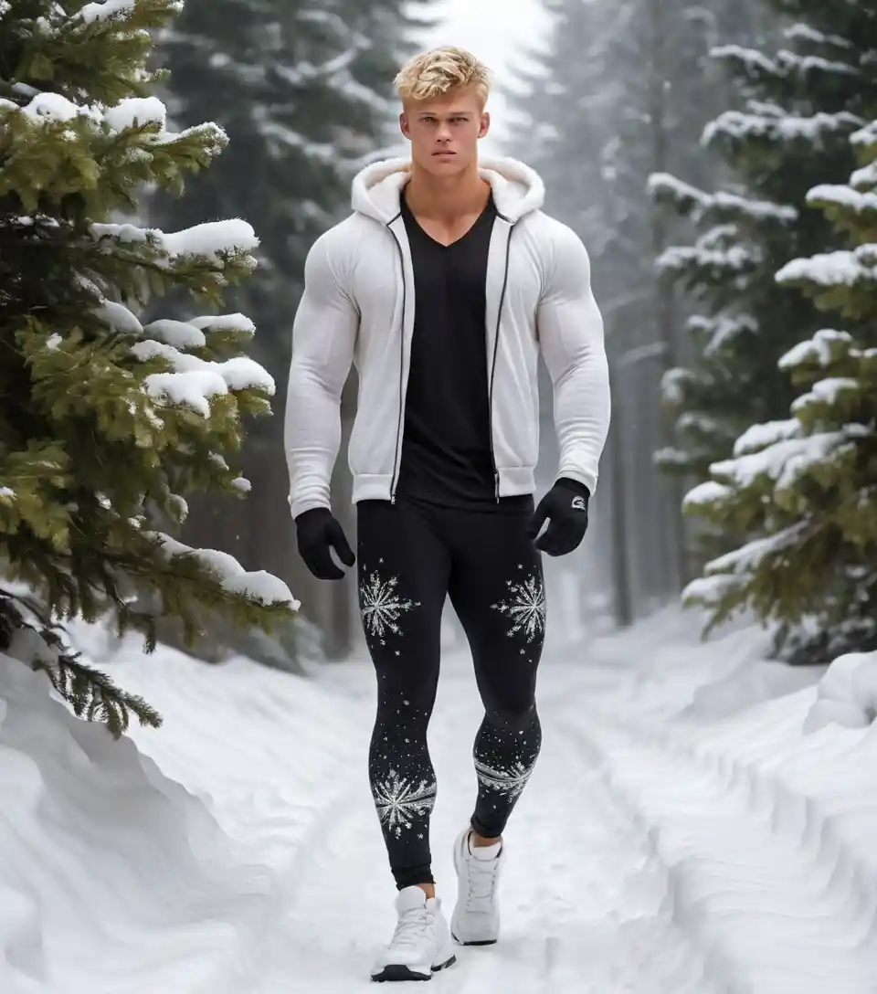 Toned blond teen walking a snowy winter forest trail
