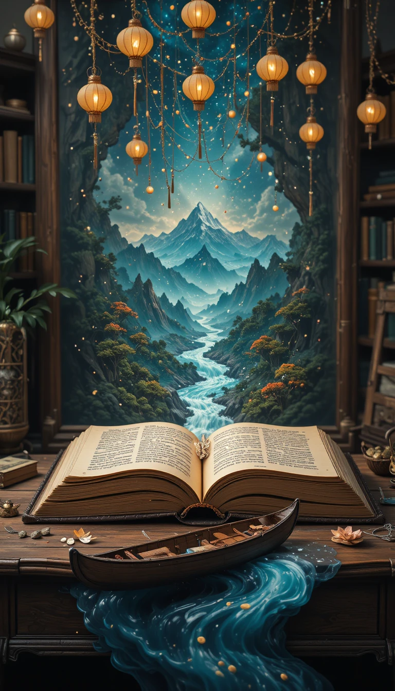 Vieux livre en cuir s’ouvrant sur un paysage magique