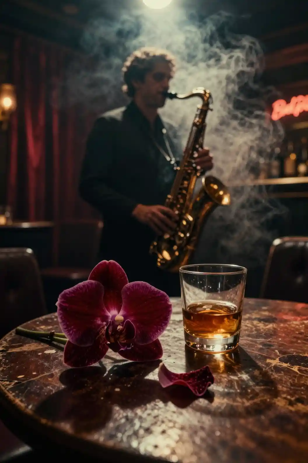 Moody film close up of orchid on jazz club table